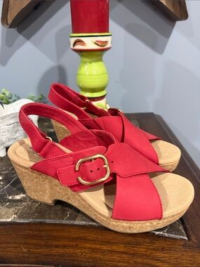 Clarks Red Cork Wedge Slingback Sandals